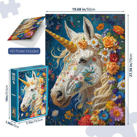 Divine Bloom Steed 1000-Piece Jigsaw Puzzle for Adults –Challenging Enchanted Unicorn with Flower Mane Art, Premium Matte Finish, 27.56 x 19.68 Inches, Perfect for Game Nights XURLEQ