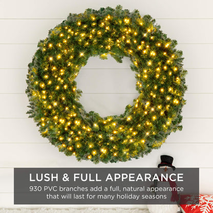 Best Choice Products 60in Large Artificial Pre-Lit Fir Christmas Wreath Holiday Accent Decoration w/ 300 LED Lights, 930 PVC Tips