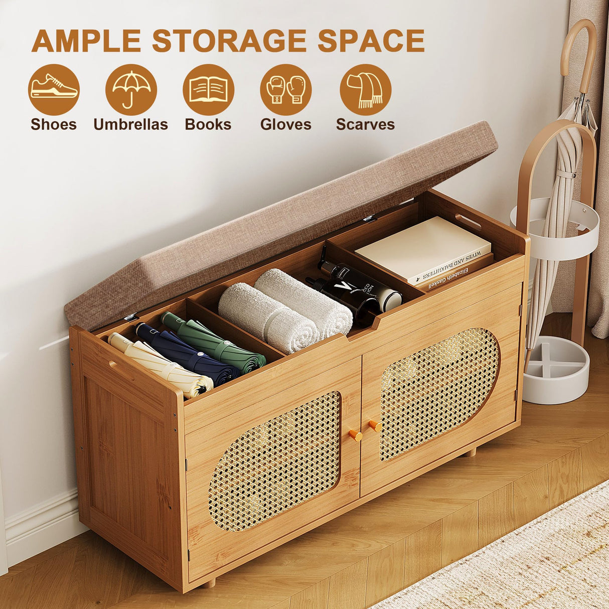 PETKABOO Rattan Shoe Storage Bench,Bamboo Entryway Bench, 2-Tier Shoe Rack,35.4" W x 12.6" D x 19.7" H with 2 Doors & Padded Seat Cushion for Entryway, Living Room, Bedroom, Natural PETKABOO