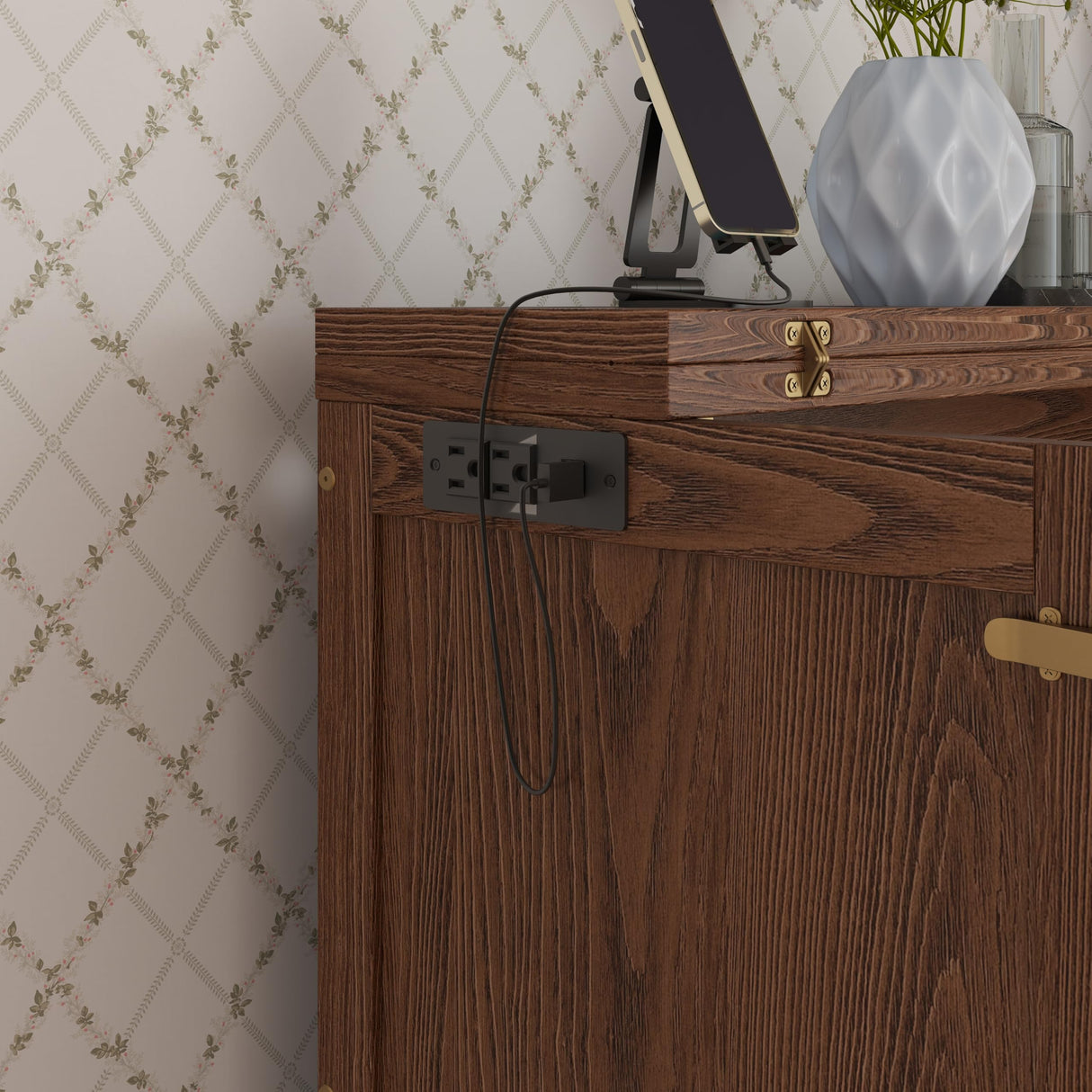 LUMISOL Queen Size Murphy Cabinet Bed, Solid Wood Folding Bed Frame with USB Port and Removable Shelves on Each Side for Home Office, Guest Room, Walnut LUMISOL