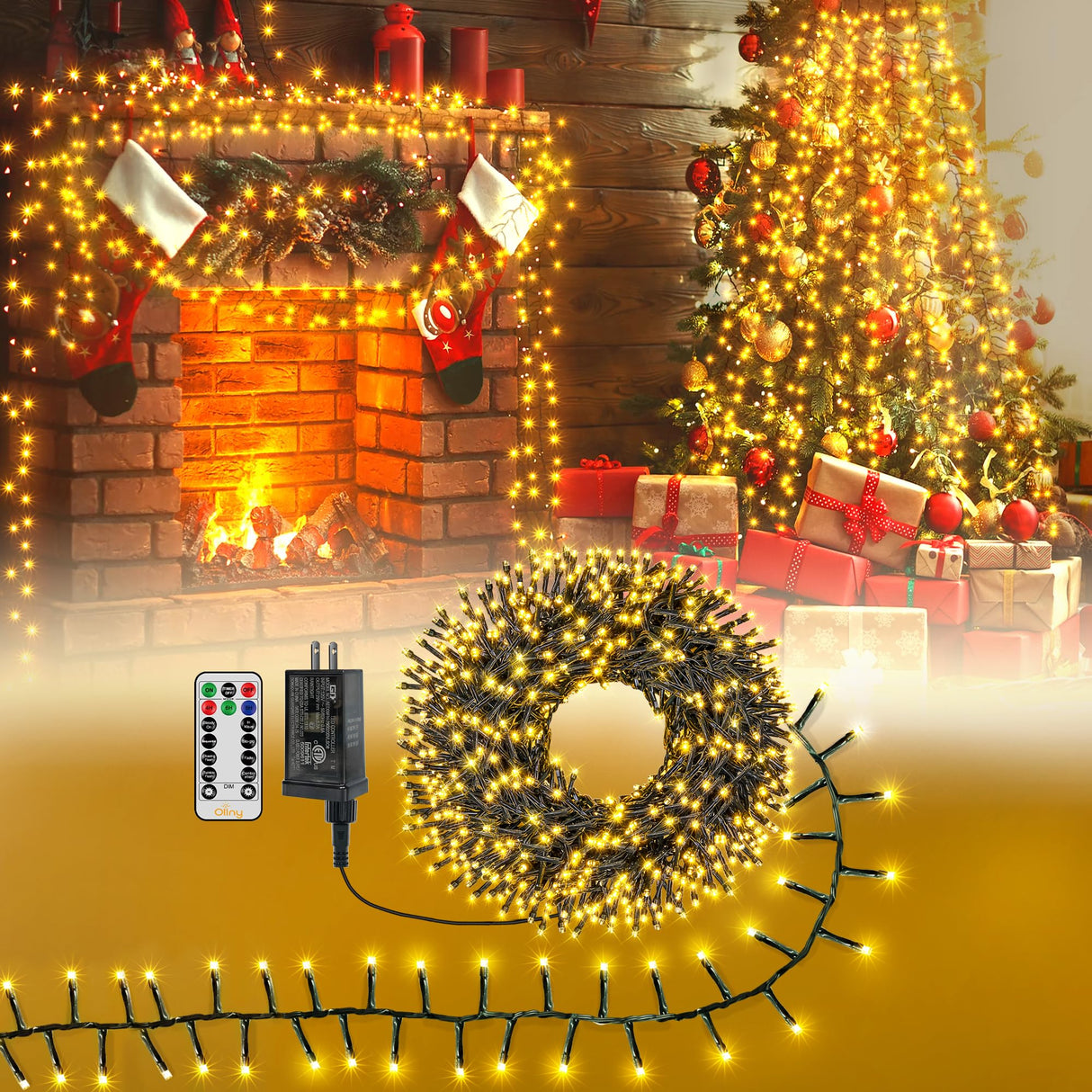 Ollny Cluster Lights Christmas 400LED 20FT, Warm White Christmas Tree Lights 8 Modes Timer Remote, Waterproof Connectable String Lights for Outdoor Indoor Outside Garland Xmas Decorations Ollny