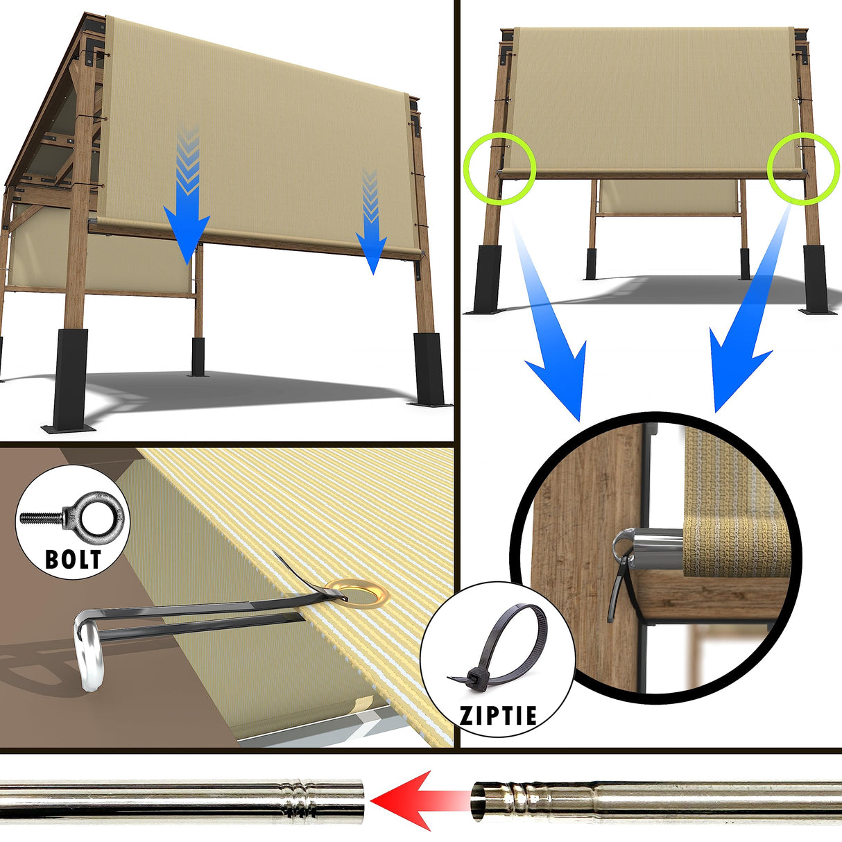 ColourTree 10' W x 20' L Grey Pergola Sun Shade Canopy Replacement Cover UPF50, Commercial Grade 260 GSM Cloth for Outdoor Patio, Includes Stainless Steel Weighted Rods (We Make Custom Size) ColourTree