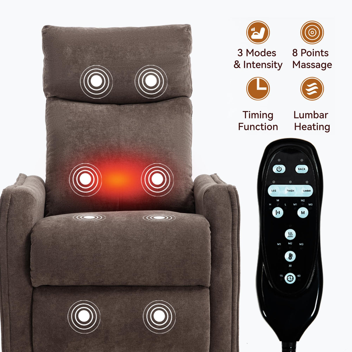PELUMY Rocker Recliner Chair with Heat Massage - Manual Swivel Recliner for Living Room and Bedroom, 8 Vibration Points, Lumbar Heat, Glider Rocking Chair for Adults (Brown) PELUMY
