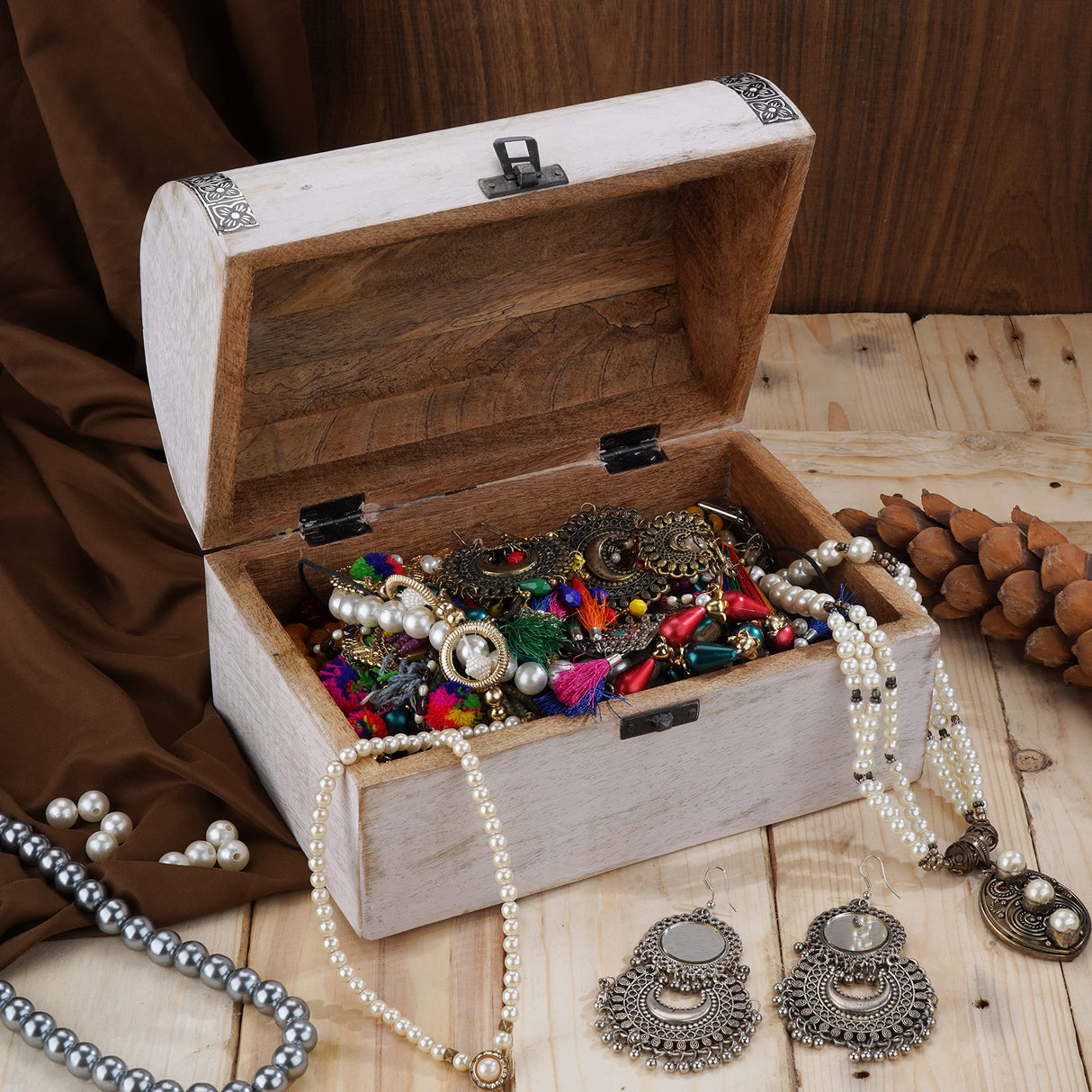 Ajuny Wooden Handcarved Decorative Jewelry Box with Mandala Flower Design on Lid Multipurpose Treasure Chest Keepsake Trinket Holder Storage Organizer Case Gifts White 9x6 Inch Ajuny