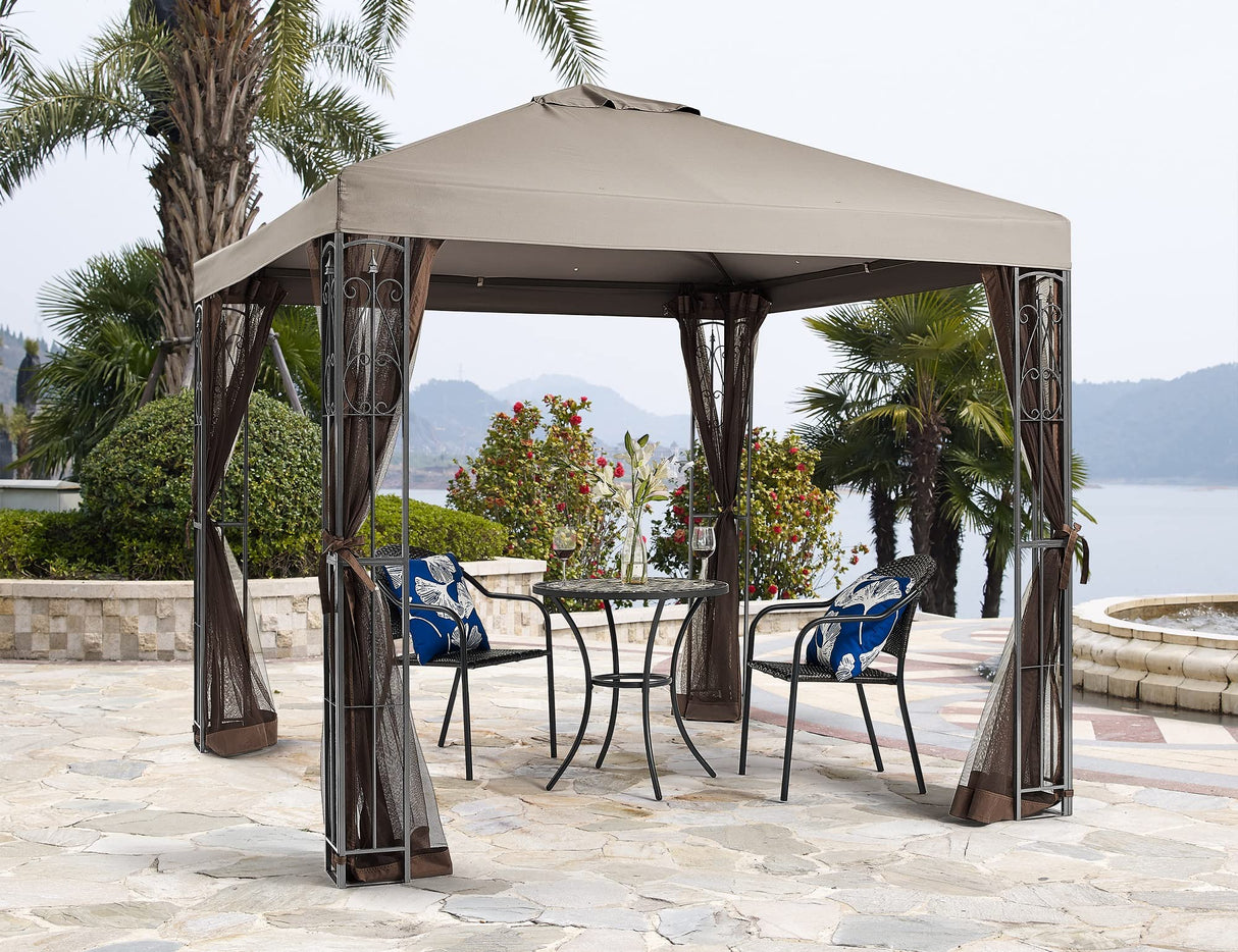 8 ft. x 8 ft. Rococo II Gazebo with Mosquito Net Tan APEX GARDEN