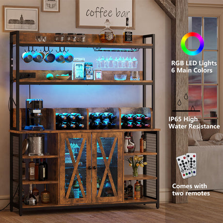 IRONCK Coffee Bar Cabinet with Power Outlet, Industrial Buffet Cabinet with LED Strip and Glass Holder, 3-Tiers Liquor Cabinet Bar for Home, Dining Room, Kitchen, Vintage Brown IRONCK