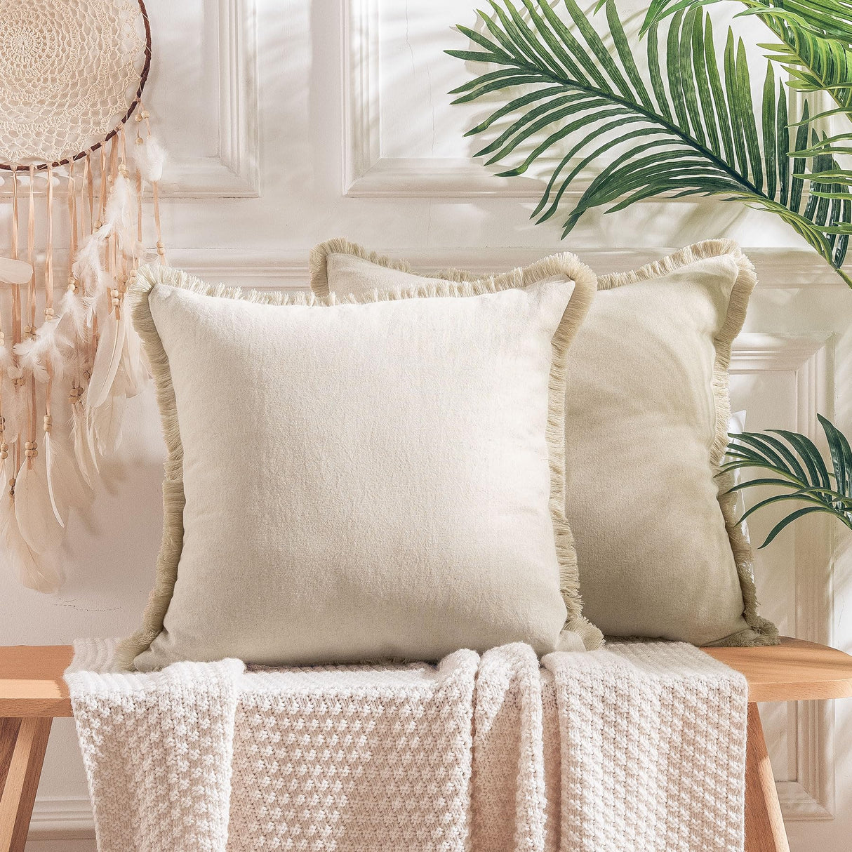 NEXHOME PRO Boho Throw Pillow Covers for Couch Set of 2 20"x20", Handmade Decorative Linen Pillow Covers Shams for Sofa, Living Room, Farmhouse Fringed Cushion Covers,Linen (NO Insert) NEXHOME PRO