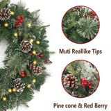 Christmas Wreath Snowy Pre-lit 24 inch with 50 Light & Pine Cone, Artificial Christmas Wreaths for Front Door with Lights, Wreath for Christmas Decoration Door Windows Wall Green HomeKaren