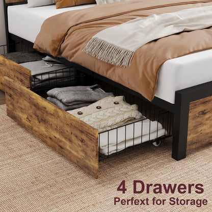 IDEALHOUSE Rustic Brown Queen Bed Frame with 4 Storage Drawers and Wooden Headboard - WoodArtSupply