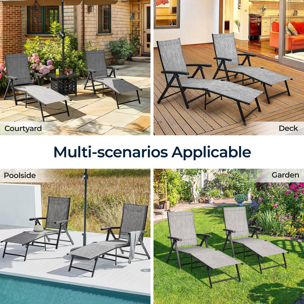 Yaheetech Outdoor Folding Chaise Lounge Set of 2 Patio Reclining Chairs w/Adjustable 7-Position Back for Beach Pool Garden Yard Deck Gray Yaheetech