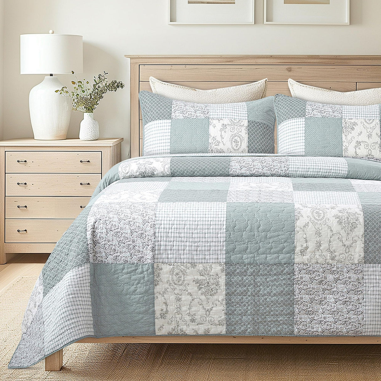 Soul & Lane Memory Lane 3-Piece Cotton Quilt Set - Queen Size with 2 Shams, Sage Green Patchwork Quilted Comforter, Lightweight Country Pieced Bedspread, Neutral Modern Farmhouse Bedding Soul & Lane