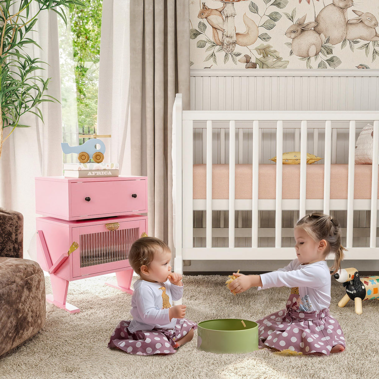 May in Color End Table with LED Light Strips, Modern Bedside Table with 360° Rotating Drawer, Creative End Table with Storage, Wood Night Stand Cabinet for Living Room, Bedroom, Nursery, Pink May in Color