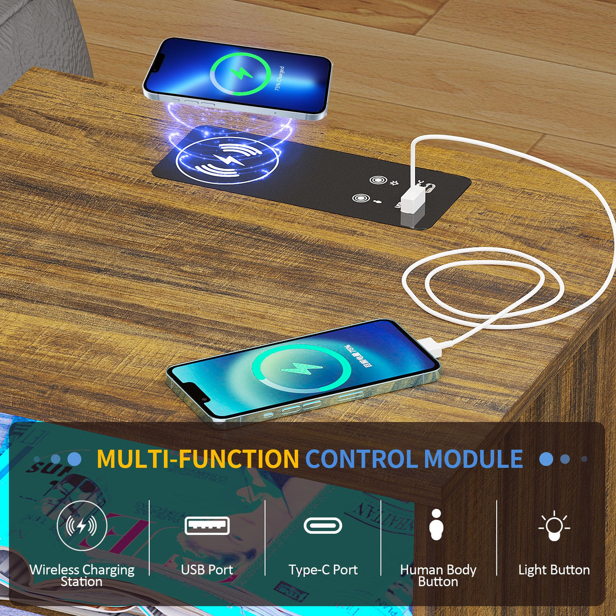 LVSOMT LED Nightstand with 3 Colors Dimmable Light, Bedroom Night Stand with Charging Station, Modern Smart Bed Side Table with 2 Drawers, Metal Legs, End Table for Living Room, Rustic Brown LVSOMT