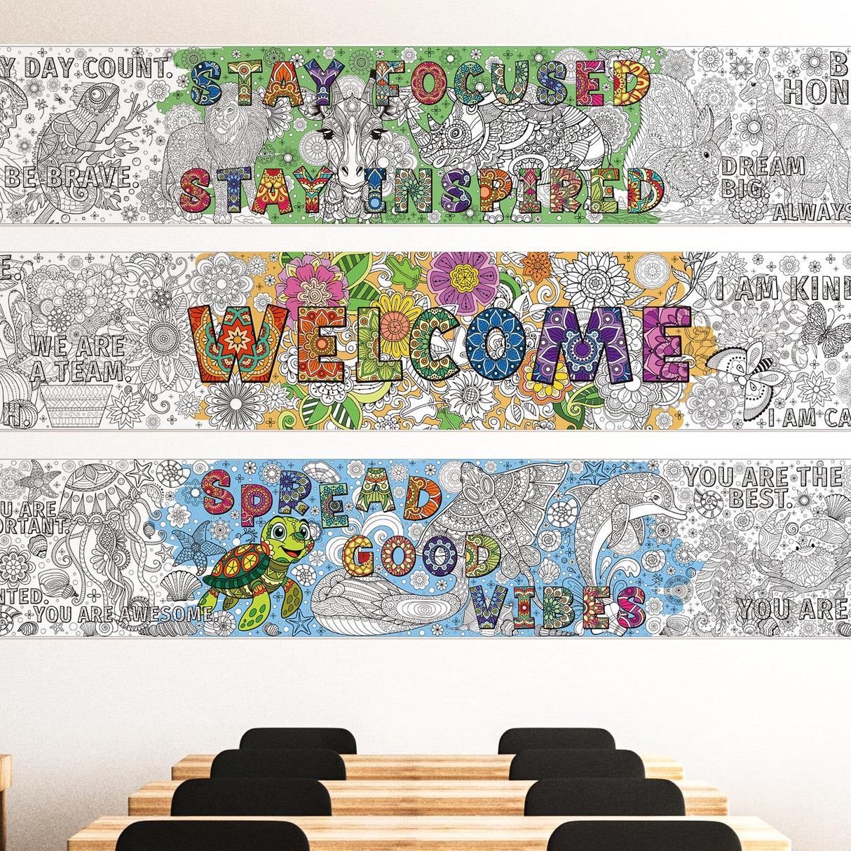Janlaugh 3 Pack Giant Mandala Coloring Posters 9.8 Feet Long Back to School Motivational Jumbo Large Coloring Sheets Pages DIY Drawing Paper Rolls for Summer Classroom Craft Home Team Art Activity Janlaugh