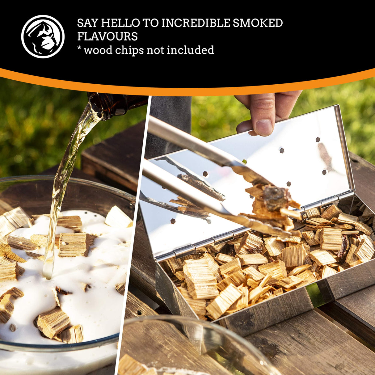 Mountain Grillers Smoker Box for Wood Chips Use a Gas or Charcoal BBQ Grill and Still Get That Delicious Smoky Barbecue Flavored Grilled Meat Hinged Lid for Easy Access polished finish stainless steel MOUNTAIN GRILLERS