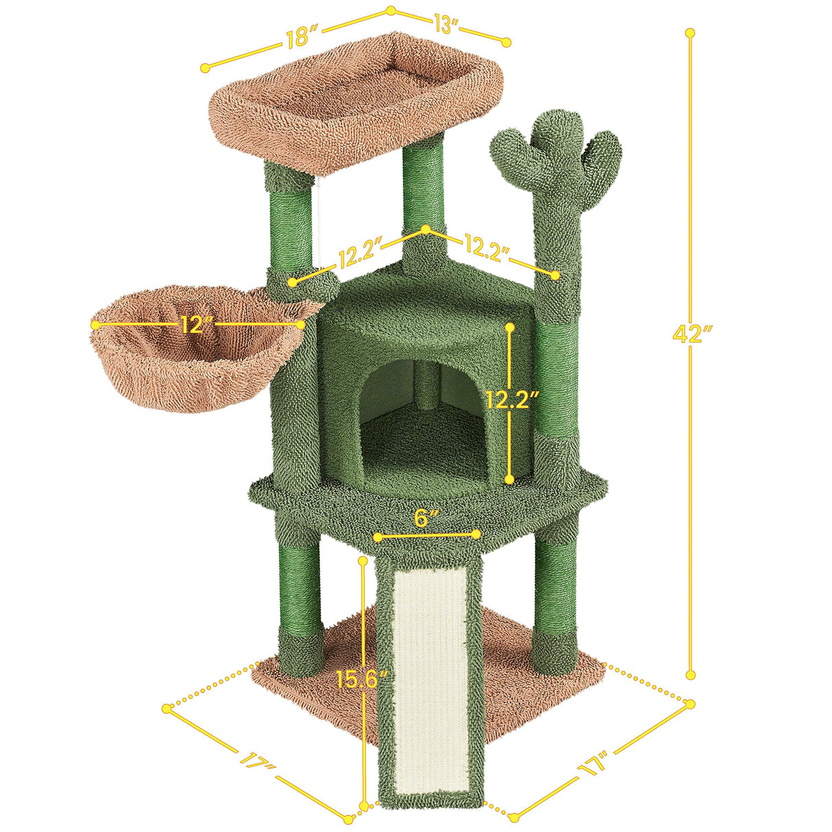 Yaheetech Cactus Cat Tree, 42in Cat Tower for Indoor Cats, Multi Level Cat Condo Scratching Post, Cat Activity Center Pet Furniture w/Ball, Plush Perch, Platform, Basket Yaheetech