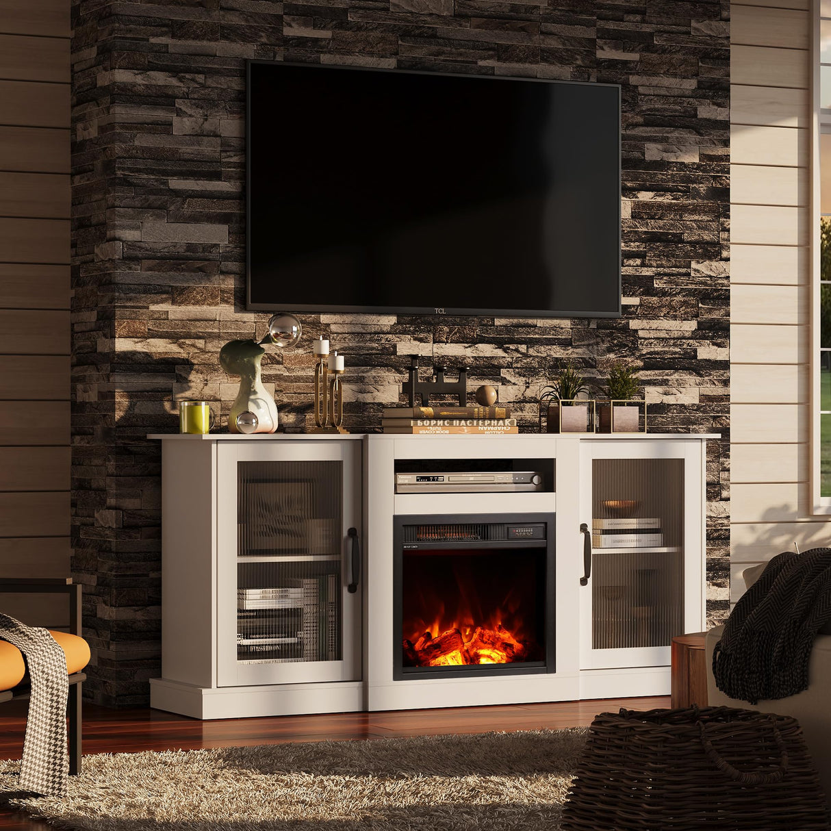 WLIVE Fireplace TV Stand for 65" TV, Entertainment Center with 18 Inch Electric Fireplace, TV Console with Open Shelves for Living Room and Bedroom, White WLIVE