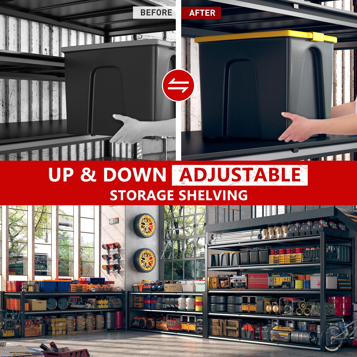 REIBII 60" W Garage Shelving 3000LBS Heavy Duty Storage Shelves, Adjustable 5 Tier Metal Shelves for Storage Rack Industrial Shelf, Garage Storage Shelving Unit, 60" W x 24" D x 72" H REIBII