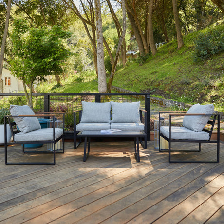 EAST OAK Courtyard Patio Furniture Set, 4-Piece Outdoor Patio Set with Sofa, Removable & Washable Deep Seating Cushion, Tempered Glass Table, Outside Patio Conversation Sets, Black & Grey EAST OAK