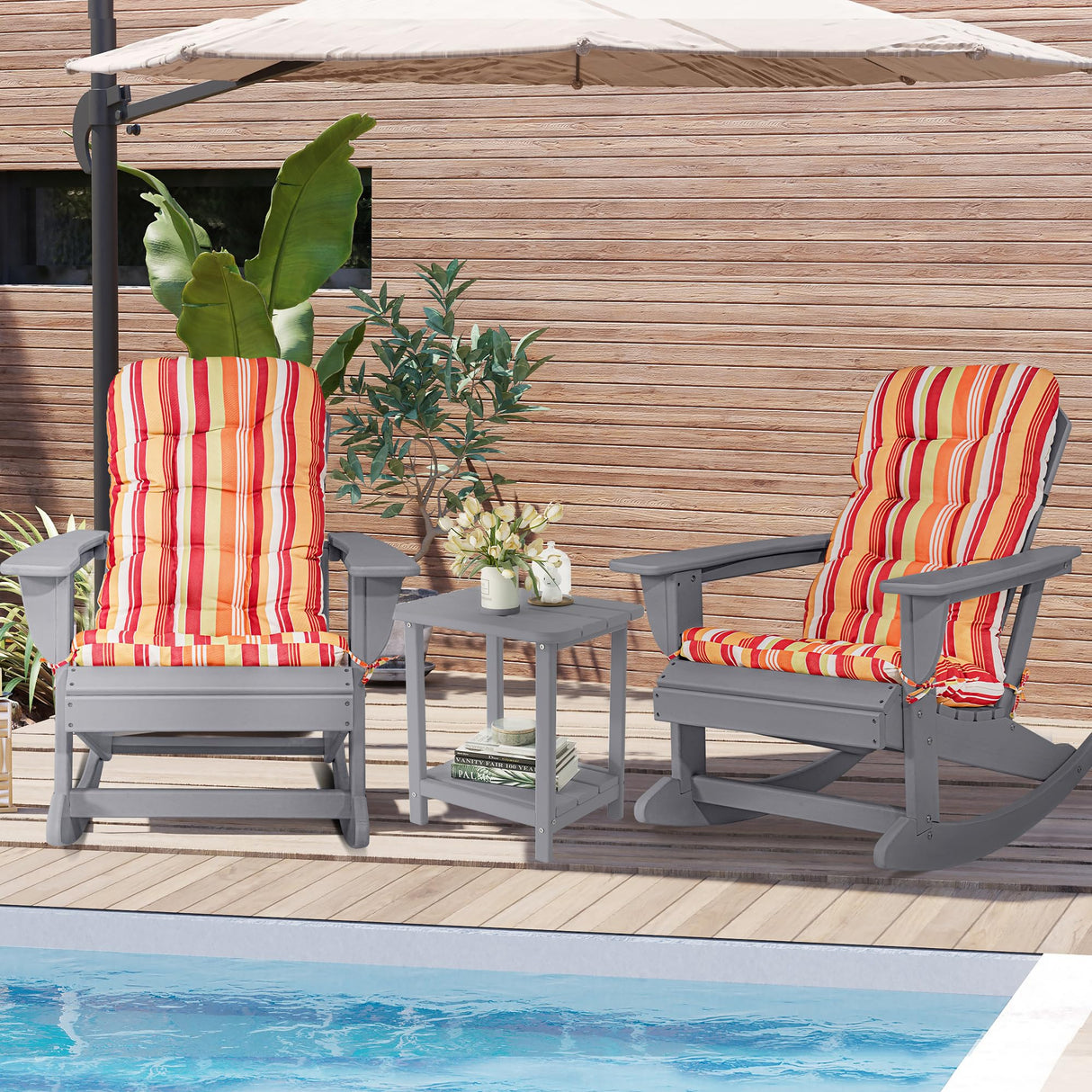 Sundale Outdoor Adirondack Rocking Chair with Cushion, HDPE Patio Plastic All Weather Adirondack Rocker, Water Resistant for Outside, Garden, Pool, Yard, Grey Sundale Outdoor