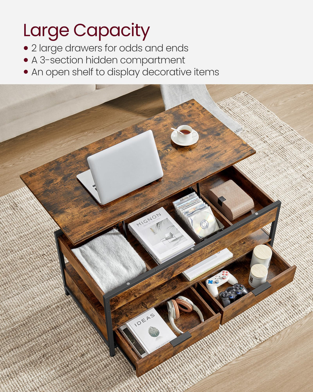 VASAGLE Lift Top Coffee Table with Storage Drawers, Coffee Table for Living Room with Lifting Top, Hidden Compartments and Open Shelf, Rustic Brown and Ink Black ULCT209K01 VASAGLE