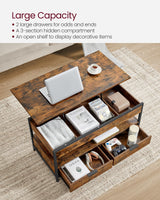 VASAGLE Lift Top Coffee Table with Storage Drawers, Coffee Table for Living Room with Lifting Top, Hidden Compartments and Open Shelf, Rustic Brown and Ink Black ULCT209K01 VASAGLE