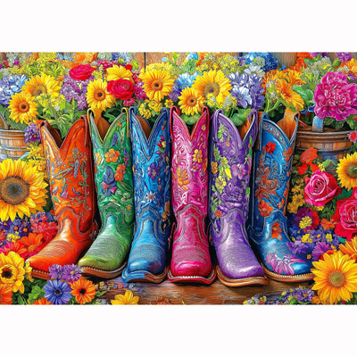 Beautiful Boots and Flowers Puzzles for Adults 1000 Pieces Funny Colorful Vintage Artwork Vibrant Jigsaw Puzzles 1000 Pieces Challenging Family Puzzle with Letters on Back Gift for Boys and Girls