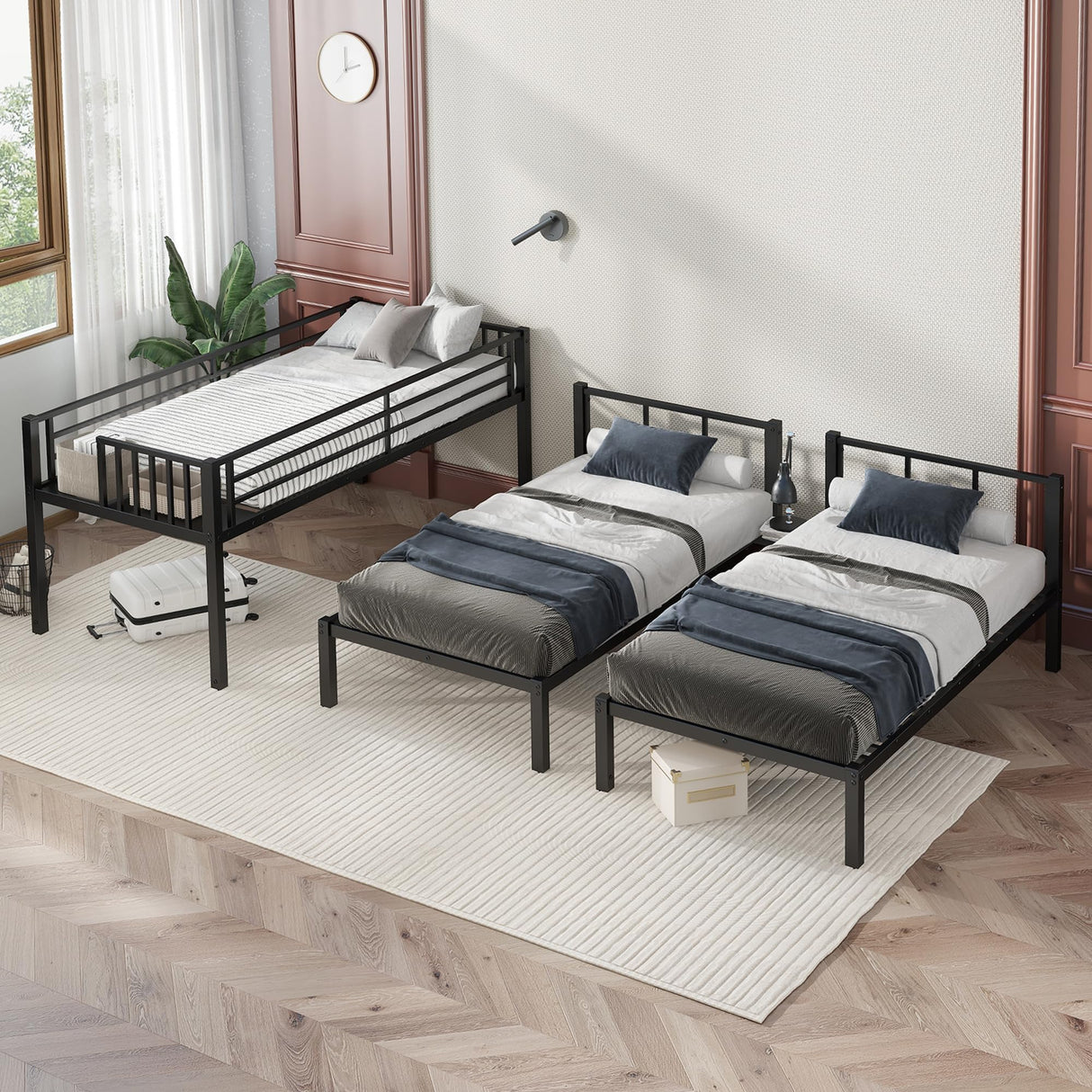 Twin Over Twin Over Twin Bunk Beds for 3 Kids,Metal Triple Bunk Bed with Built-in Desk,Twin XL Over Twin & Twin Bunk Bed,3 Bed Bunk Beds,Twin Size Triple Bed,Black Bellemave