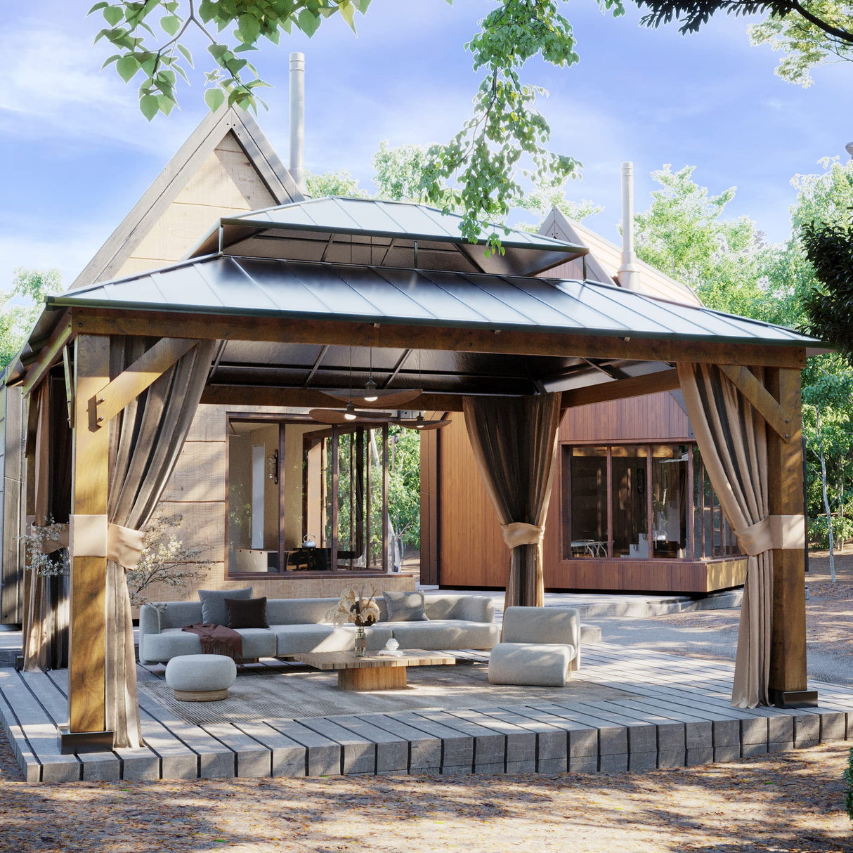 Meetleisure 13' x 15' Double Hardtop Gazebo - Outdoor Thermal Transfer Wood-Looking Aluminum Gazebo with Double Hardtop, Privacy Curtains and Mosquito Nettings Included, for Patio, Garden, Backyard MeetLeisure