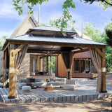 Meetleisure 13' x 15' Double Hardtop Gazebo - Outdoor Thermal Transfer Wood-Looking Aluminum Gazebo with Double Hardtop, Privacy Curtains and Mosquito Nettings Included, for Patio, Garden, Backyard MeetLeisure