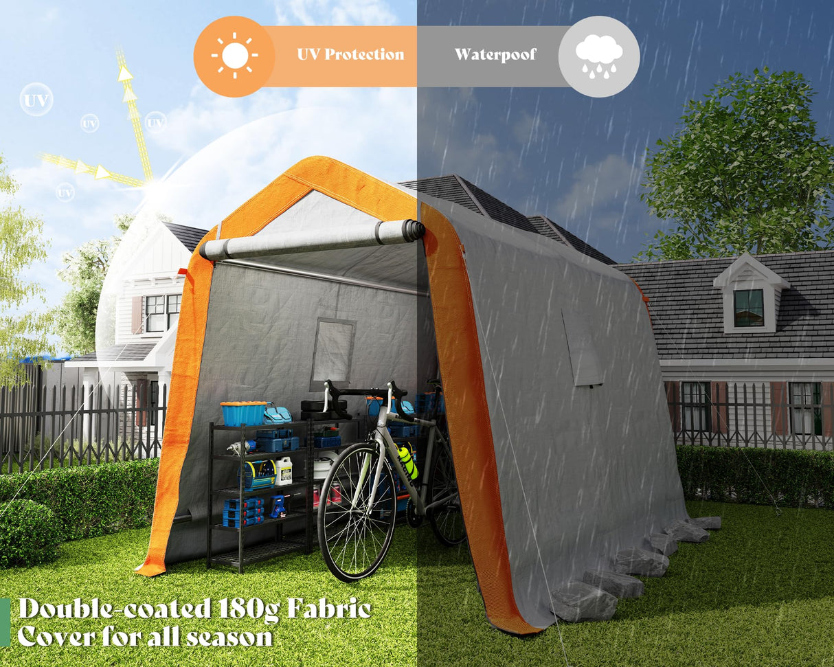 AMERLIFE 6x8x6.6 FT Heavy Duty Portable Shed Storage Shelter, Outdoor Storage Shed with 2 Waterproof Windows & Roll-up Zipper Door, Carport for Motorcycle, Bike, Grey AMERLIFE