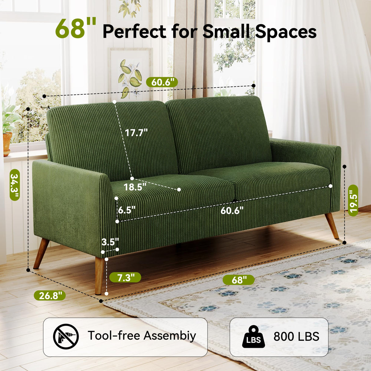 AMICLIBER 68" Loveseat Sofa, Comfy Green Corduroy Couches for Living Room, Mid Century Modern Love Seat Sofa, Tool-Free Setup Small Couches for Bedroom Office AMICLIBER