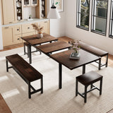 Einhomn 5 Pieces Dining Room Table Set for 4-6, 63' Extendable Kitchen Table Set with 2 Benches & 2 Stools, Small Dining Table Set with Metal Frame & MDF Board, Espresso Einhomn