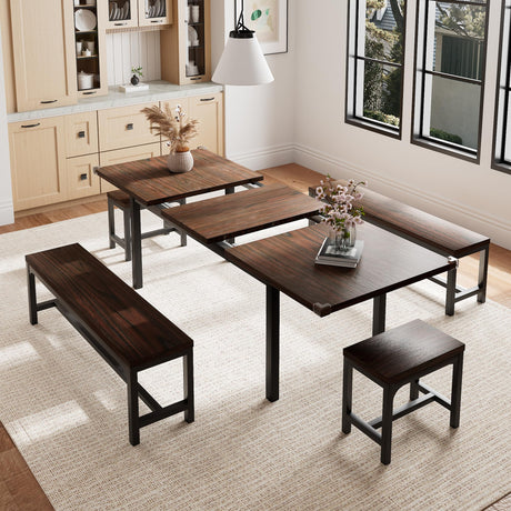 Einhomn 5 Pieces Dining Room Table Set for 4-6, 63' Extendable Kitchen Table Set with 2 Benches & 2 Stools, Small Dining Table Set with Metal Frame & MDF Board, Espresso Einhomn