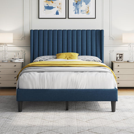 Yaheetech Full Size Bed Frame, Upholstered Platform Bed with Wing Edge Headboard, Square Tufted Fabric/Mattress Foundation/Wooden Slats Support/No Box Spring Needed/Easy Assembly/Navy Blue Yaheetech