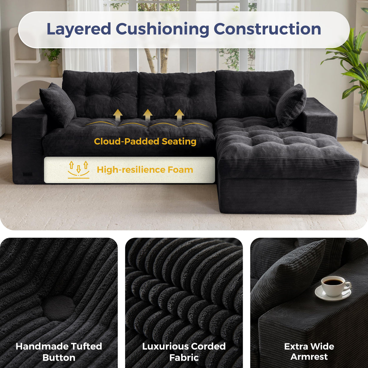 MAXYOYO L-Shaped Sectional Sofa with Convertible Left/Right Ottoman, Cloud Boneless Modular Couch, Layered Cushion & Tufted Upholstered, 4-in-1 Flexible Combination, No Assembly, Black MAXYOYO