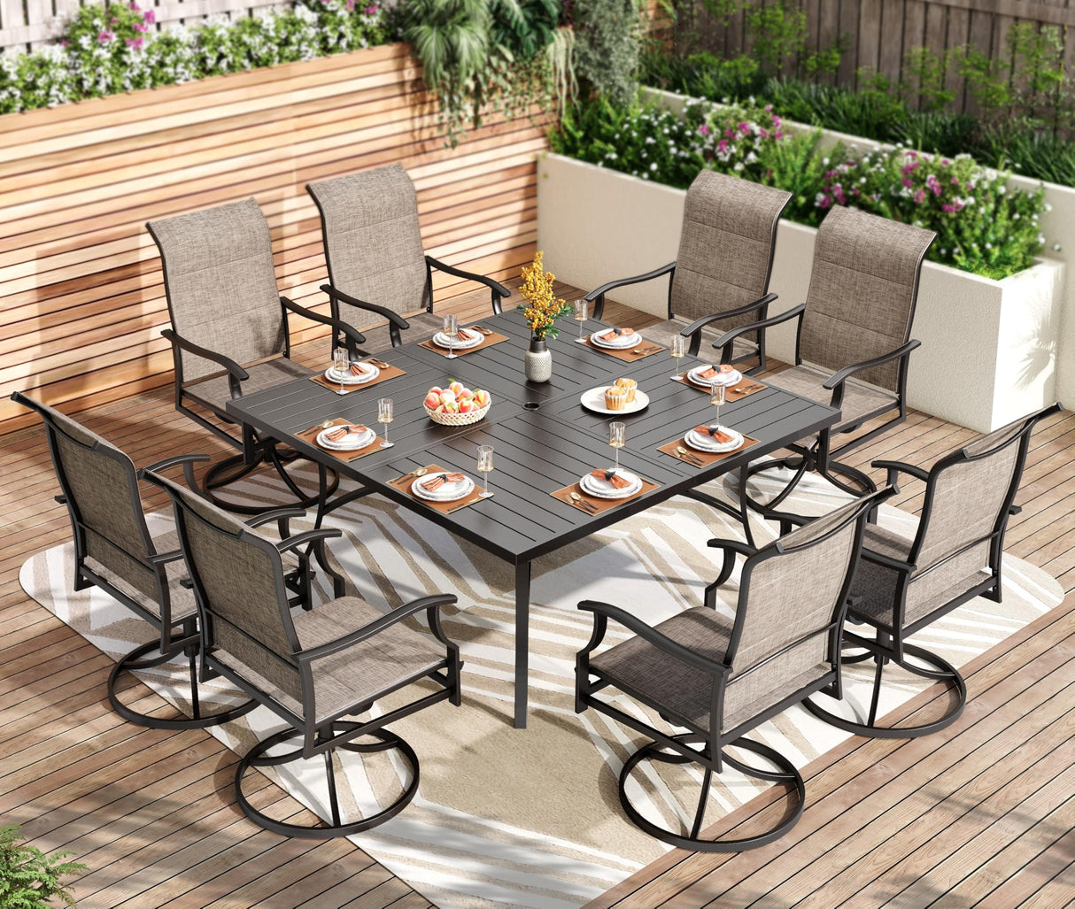 PHI VILLA 9 Pcs Patio Dining Set with Large Square Metal Dining Table & 8 High Back Padded Outdoor Swivel Dining Chairs, Outside Table Chair Furniture Dining Set for 8 Person PHI VILLA