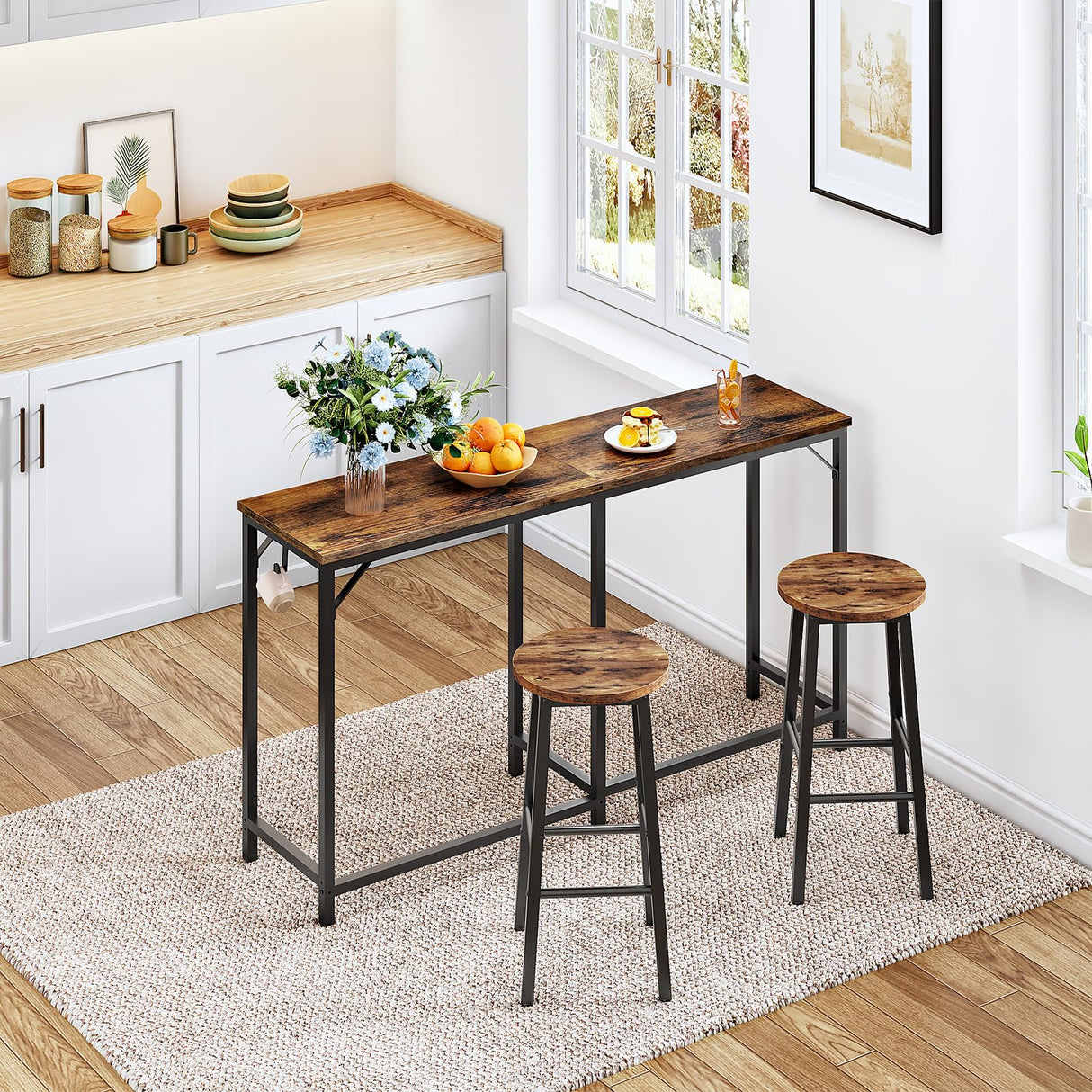 HOOBRO 63" Long Narrow Bar Table, Rectangular or L-Shaped Assembly Counter Height Bar Table, Vintage Industrial Style, for Living Room, Kitchen, Dining Room, Rustic Brown and Black BF69BT01 HOOBRO