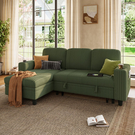 LINSY HOME Pull Out Sofa Bed Sectional Sleeper Sofa with Storage, Plush Corduroy Pullout Modular Sectional Couches for Living Room, L Shaped Convertible Couch Bed for Apartment (Green) LINSY HOME