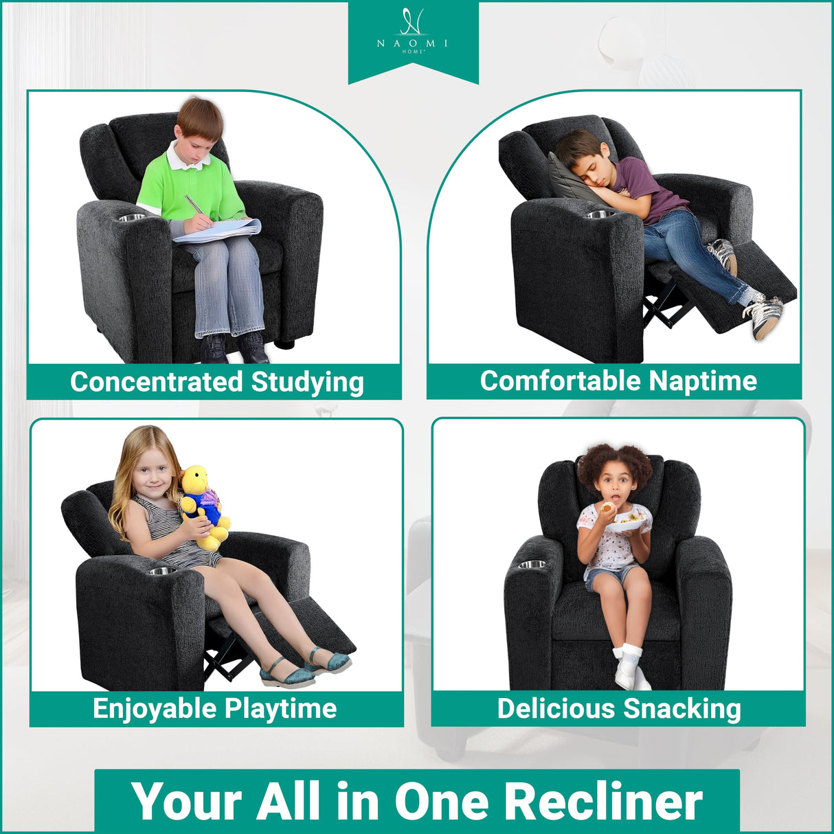 Naomi Home Suri Kids Recliner Chair with Cup Holder & Footrest, Black Chenille - Cozy Lounge for Toddlers & Children Naomi Home
