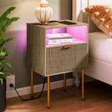JOONEE Modern Nightstand with Charging Station and LED Lights, White Bedside Table with Drawer, Fluted Side Table for Living Room, Bedroom JOONEE