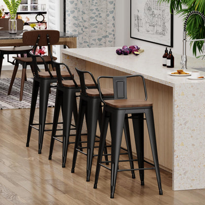 Yongchuang 24" Metal Barstools Set of 4 Counter Bar Stools with Wood Top Low Back Matte Black - WoodArtSupply