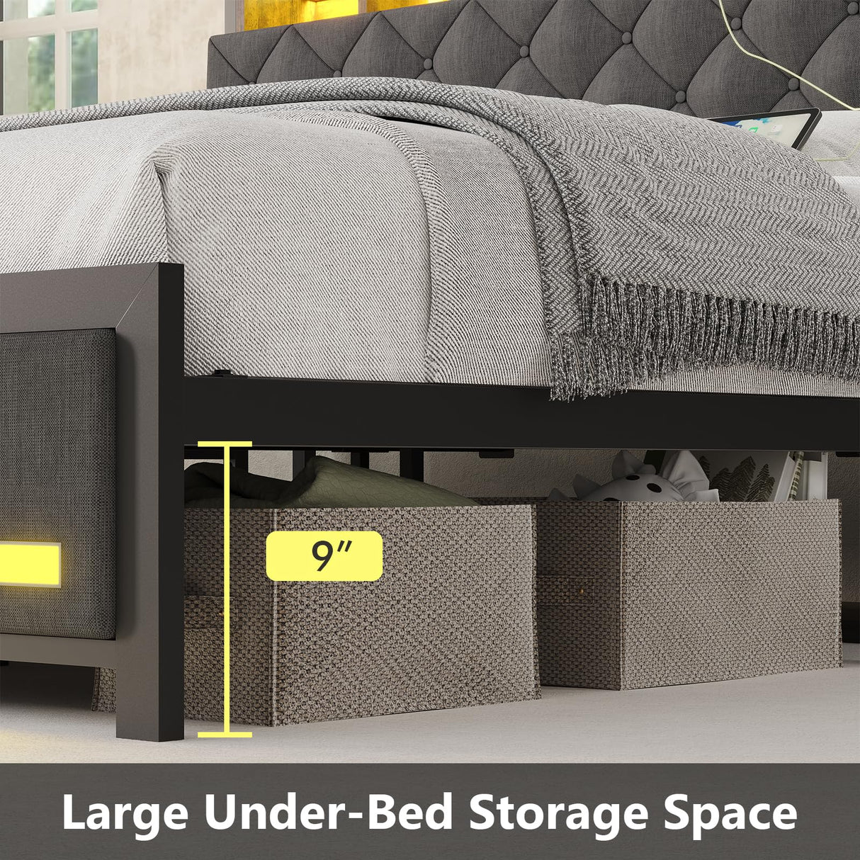 Dnxao King Bed Frame with Upholstered Headboard, Bed Frame King Size with Hidden Storage,3-Tier Storage Shelves, LED Lights and Charging Station, King Bed with Noise-Free, No Box Spring Needed, Gray Dnxao
