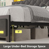 Dnxao King Bed Frame with Upholstered Headboard, Bed Frame King Size with Hidden Storage,3-Tier Storage Shelves, LED Lights and Charging Station, King Bed with Noise-Free, No Box Spring Needed, Gray Dnxao