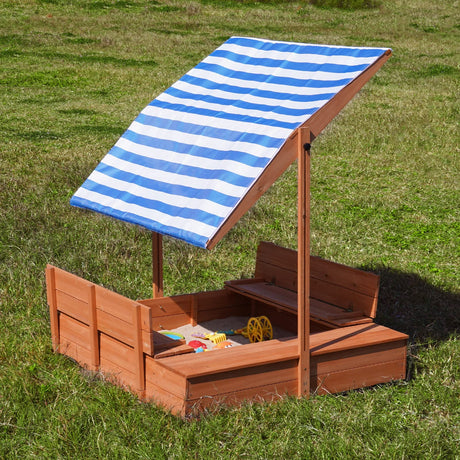 Kids Wooden Outdoor Sandbox with Cover，Sand Boxes with Canopy and Foldable Storage Bench Seats, Sand Table with Protection Bottom Liner,Kids Play Equipment for Outdoor(47X47Inch Agitree