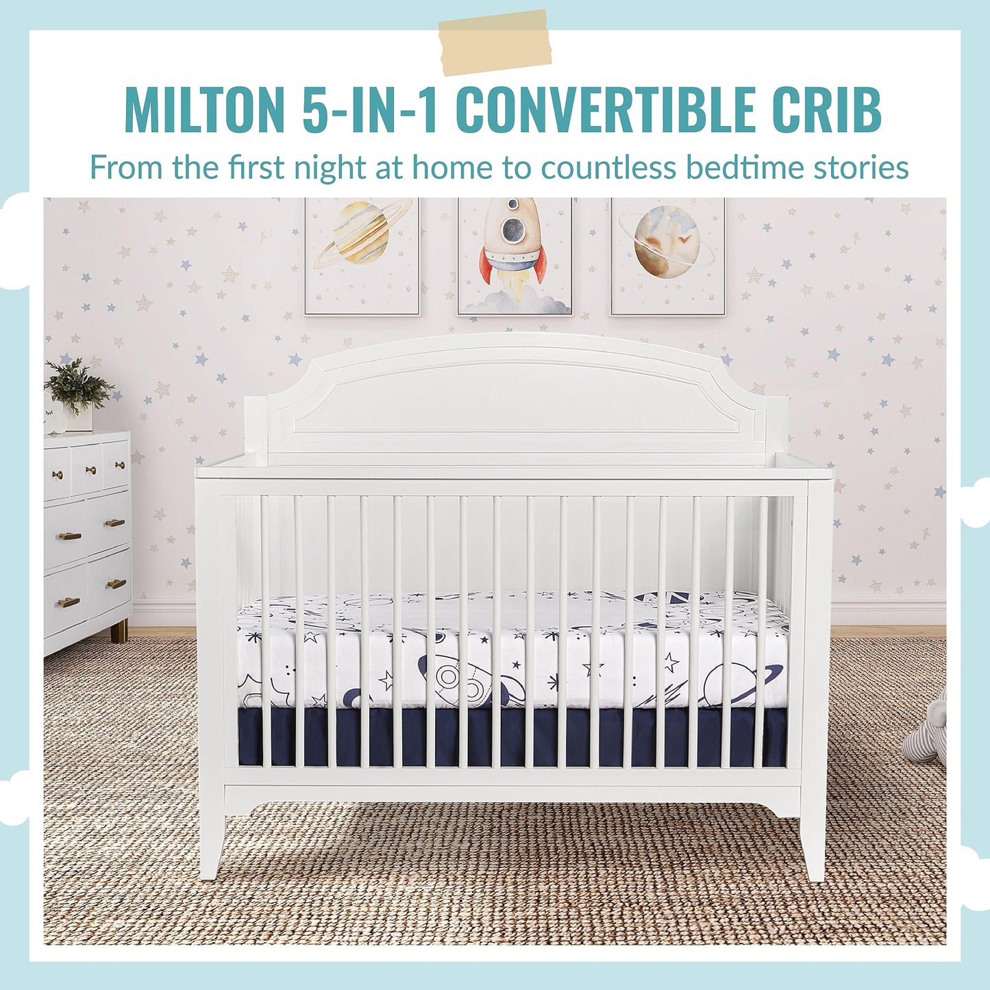 Dream On Me JPMA & Greenguard Gold Certified Milton 5-in-1 Convertible Crib Made with Sustainable New Zealand Pinewood in White, Non-Toxic Finish