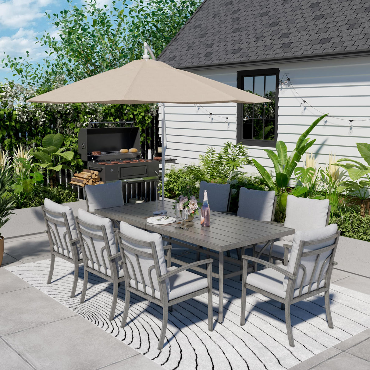 HAPPATIO 9-Piece Patio Dining Set - All Aluminum Table and Chairs for 8, Includes Rectangular Table and 8 Chairs with Cushions, Lawn, Garden HAPPATIO