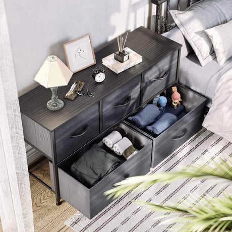 YITAHOME Dresser with 5 Drawers - Fabric Storage Tower, Organizer Unit for Bedroom, Living Room, Closets - Sturdy Steel Frame, Wooden Top (Cool Black Wood Grain) YITAHOME