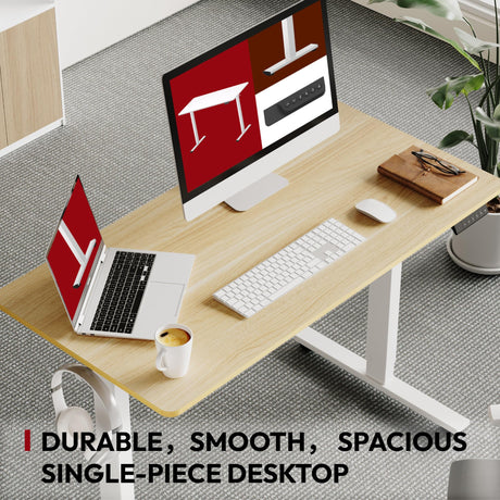 SANODESK Electric Standing Desk 55 x 28 Inches Whole-Piece Desktop Height Adjustable Stand Up Desk w/6-Button Controller Ergonomic Computer Desk for Home Office, White Frame + Natural Tabletop SANODESK