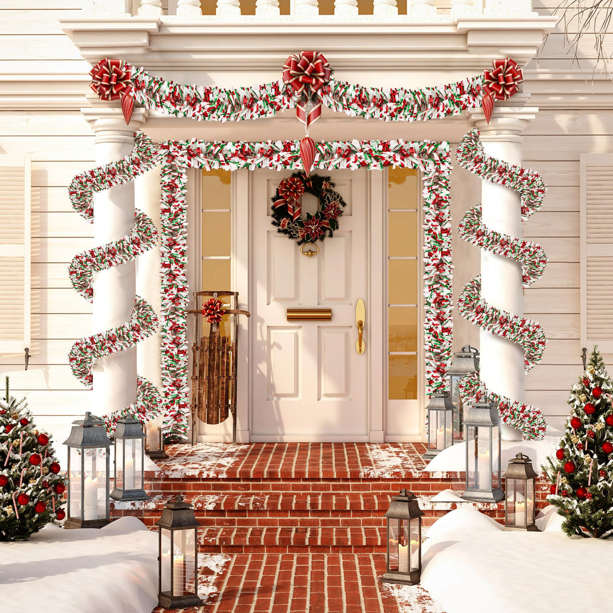 Sggvecsy 49.2Ft Christmas Green Red White Tinsel Garland Xmas Tree Decorations Christmas Metallic Twist Garland Ceiling Hanging Decorations for New Year Party Birthday Holiday Indoor Outdoor Supplies Sggvecsy